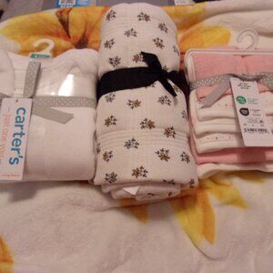 Bundle Baby Girl Bath Towels, Swaddle Blanket, and onsies. New